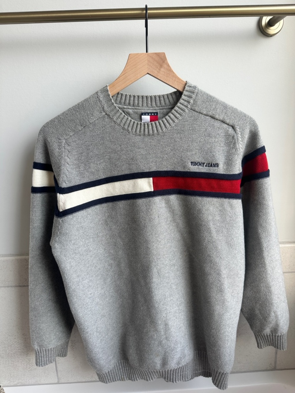 Vintage Tommy Hilfiger Grey Crewneck Sweater with Red, White & Navy Stripes